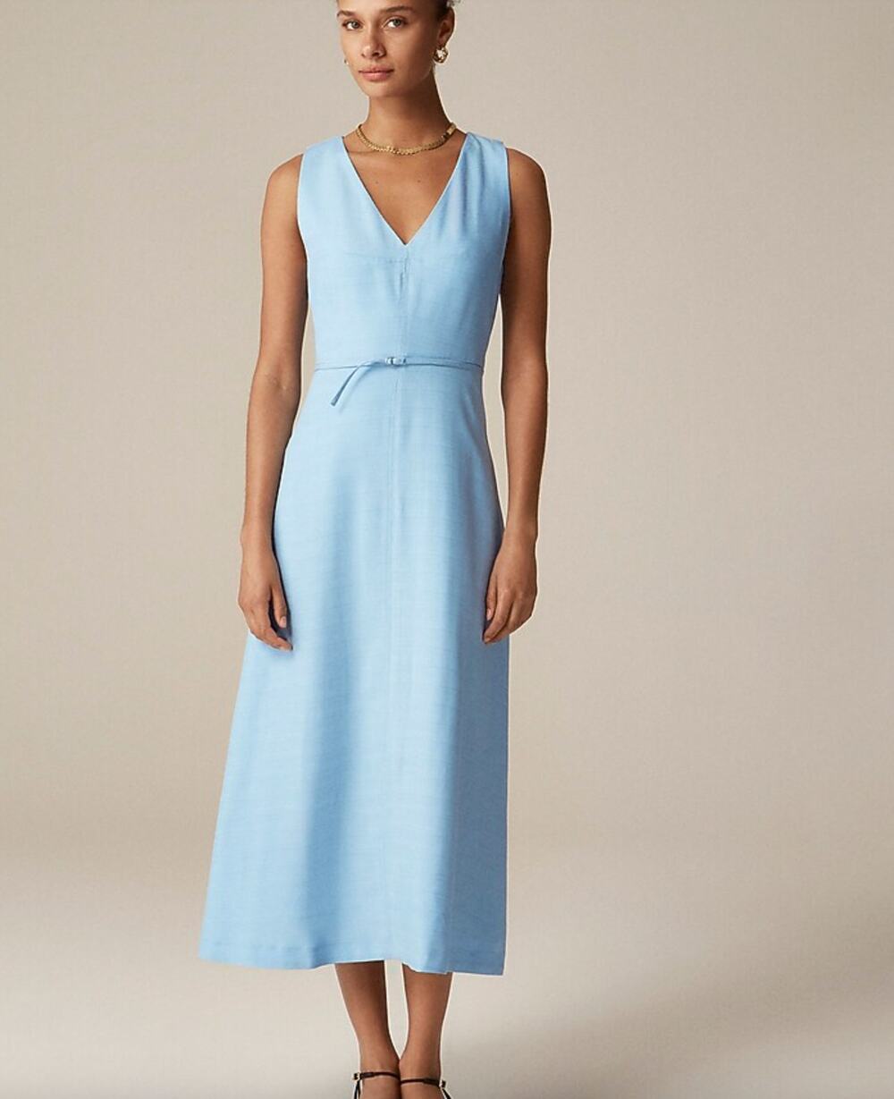 J Crew Mathilde V-Neck Dress In Luster Canvas Petite 0 Light Blue Missing Belt